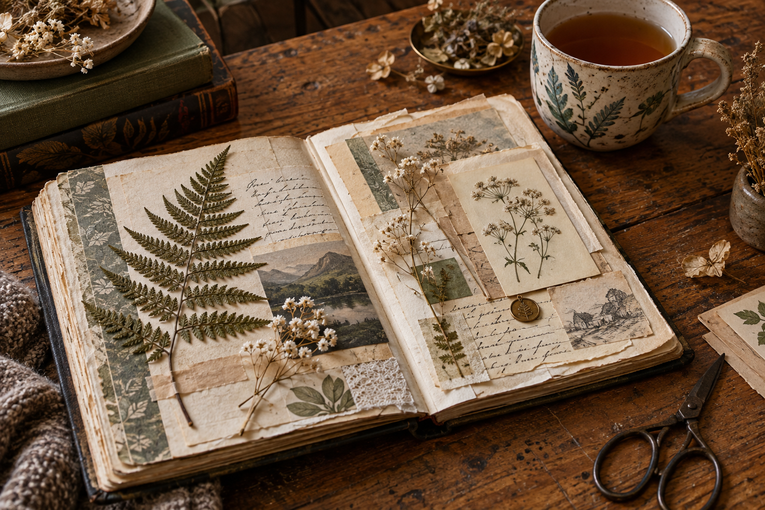 Open scrapbook with pressed fern and flowers beside a mug of tea
